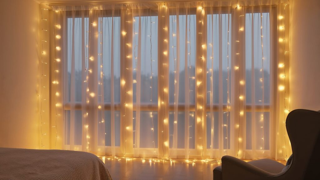 Fairy Light Curtain Behind Sheer Drapes