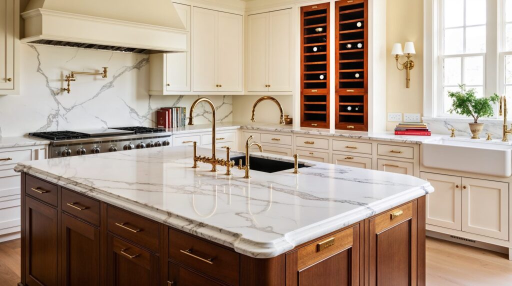 Marble counters with brass fittings